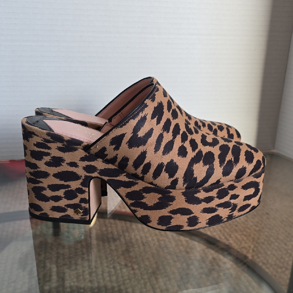 Womens Kate Spade Leopard Print Mules Slip-On Chunky Platform Heels Size 7.5B